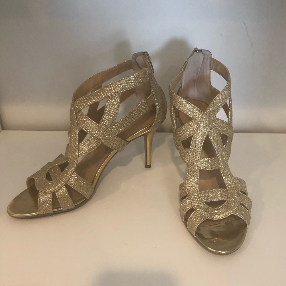 Gold glitter gladiator evening sandal.